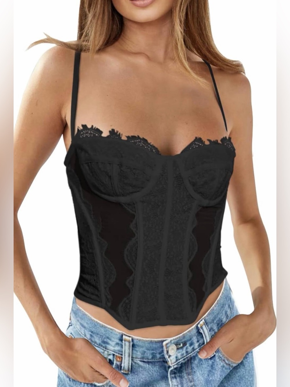 Black Lace Bustier Corset By Dealmore Boning Underwire Mesh Hook Back L